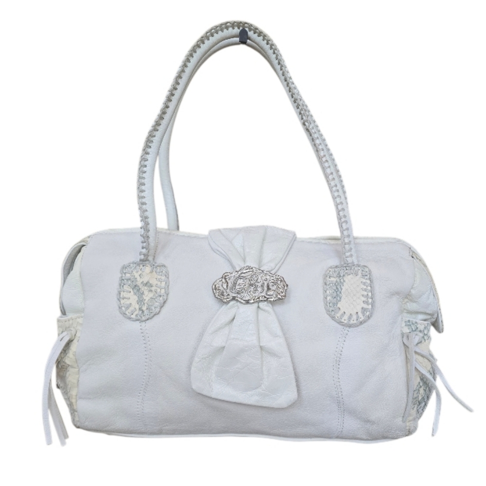Chi By Carlos Falchi Lamb Snakeskin Leather Ivory White Satchel Shoulder Bag